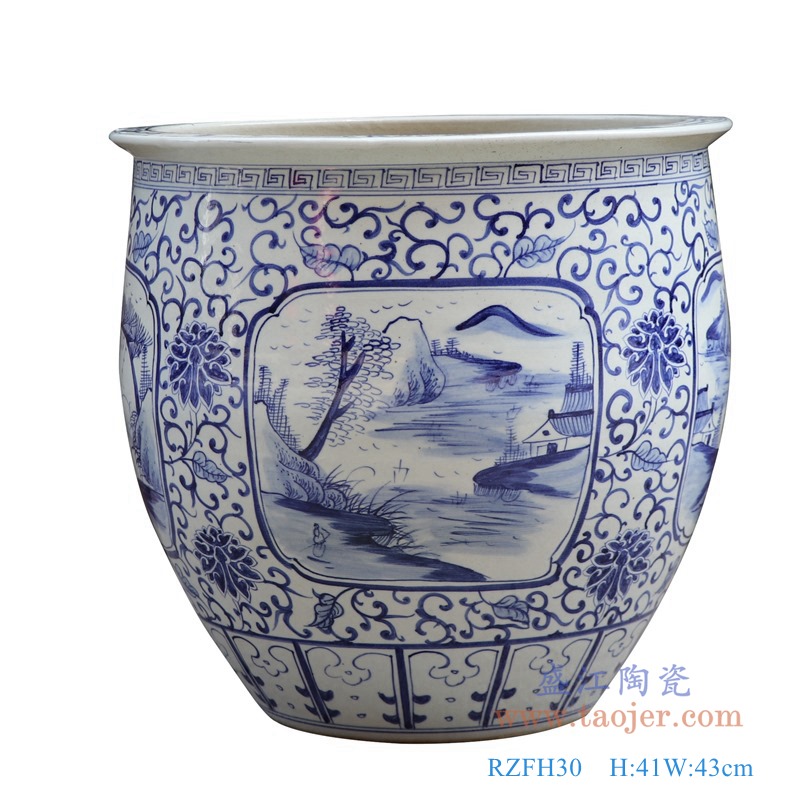 青花开窗开光山水大缸-高41中号;产品编号:RZFH30 产品尺寸(单位cm): 高:41直径:43口径:43底径:23重量:14.8KG