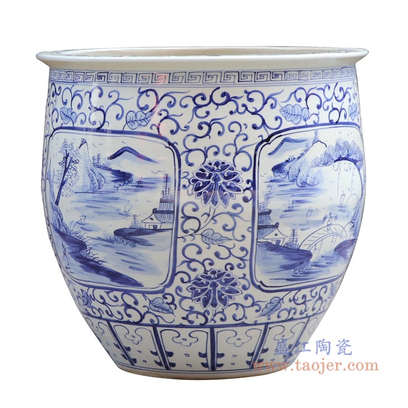 青花开窗开光山水大缸-高41中号;产品编号:RZFH30 产品尺寸(单位cm): 高:41直径:43口径:43底径:23重量:14.8KG