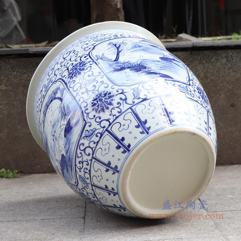 青花开窗开光山水大缸-高41中号;产品编号:RZFH30 产品尺寸(单位cm): 高:41直径:43口径:43底径:23重量:14.8KG