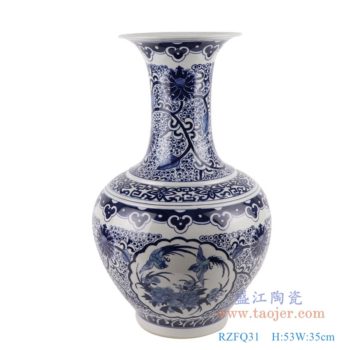 RZFQ31  青花缠枝莲开窗开光花鸟赏瓶；  高：53直径：35口径：21底径：重量：KG