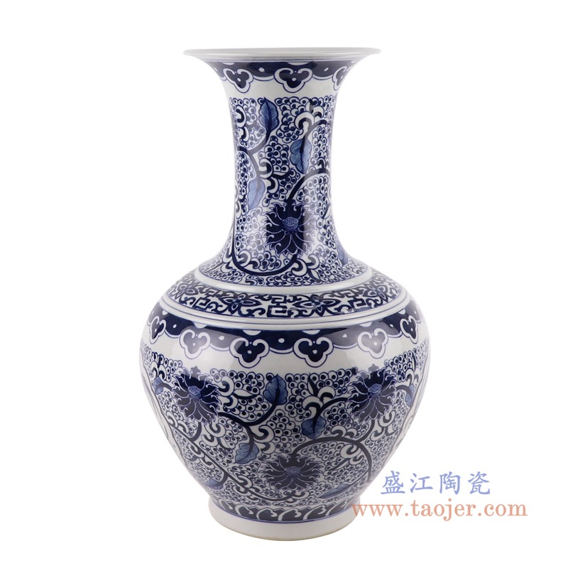 青花缠枝莲开窗开光花鸟赏瓶;产品编号:RZFQ31 产品尺寸(单位cm): 高:53直径:35口径:21底径:重量:KG