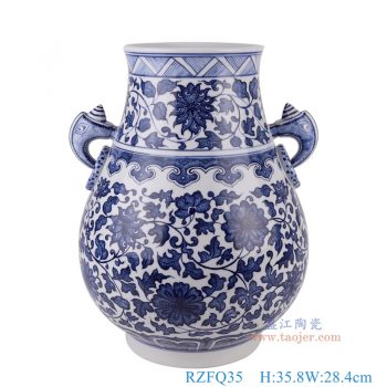 RZFQ35   青花缠枝莲双耳福桶瓶，    高35.8直径28.4口径底径16.5重量5.05KG
