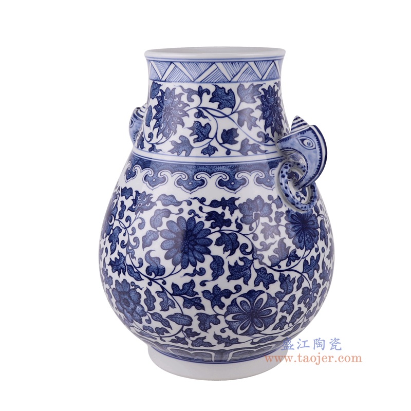 青花缠枝莲双耳福桶瓶,产品编号:RZFQ35 产品尺寸(单位cm): 高35.8直径28.4口径底径16.5重量5.05KG