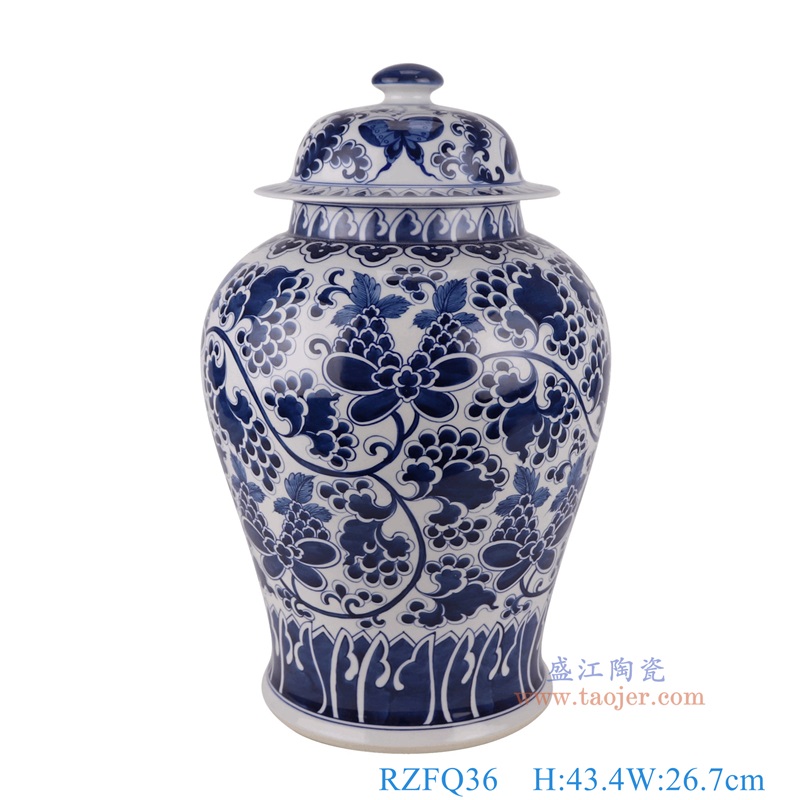 青花缠枝蝴蝶纹将军罐,产品编号:RZFQ36 产品尺寸(单位cm): 高43.4直径26.7口径底径19.6重量5.8KG