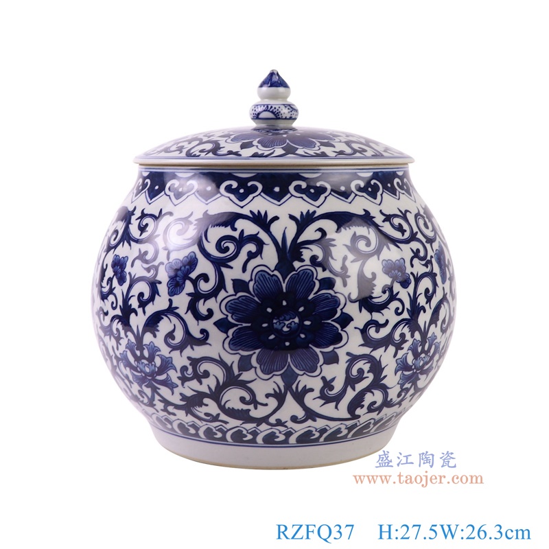 青花缠枝莲西瓜盖罐,产品编号:RZFQ37 产品尺寸(单位cm): 高27.5直径26.3口径底径16.8重量3.6KG