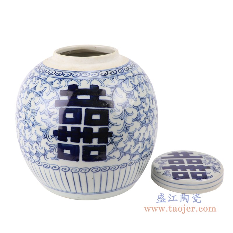 青花喜字双喜字小坛罐;产品编号:RZFZ01-M 产品尺寸(单位cm): 高:23.5直径:22.5口径:9.5底径:13.6重量:2.75KG
