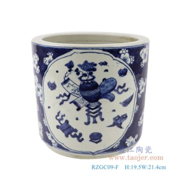 RZGC09-F   青花冰梅开窗开光博古纹笔筒；    高：19.5直径：21.4口径：21.4底径：18重量：2.75KG