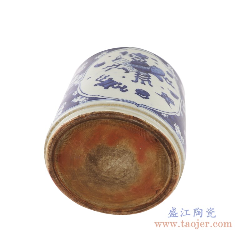 青花冰梅开窗开光博古纹笔筒;产品编号:RZGC09-F 产品尺寸(单位cm): 高:19.5直径:21.4口径:21.4底径:18重量:2.75KG