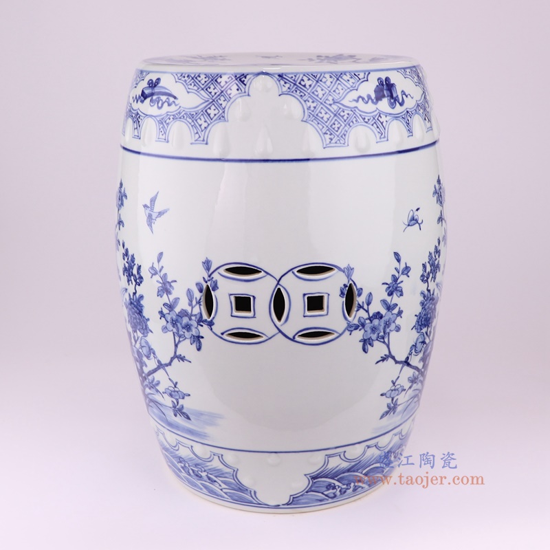 青花花鸟鼓凳凉墩,产品编号:RZKM14-A 产品尺寸(单位cm): 高47直径35.2口径底径重量9.9KG