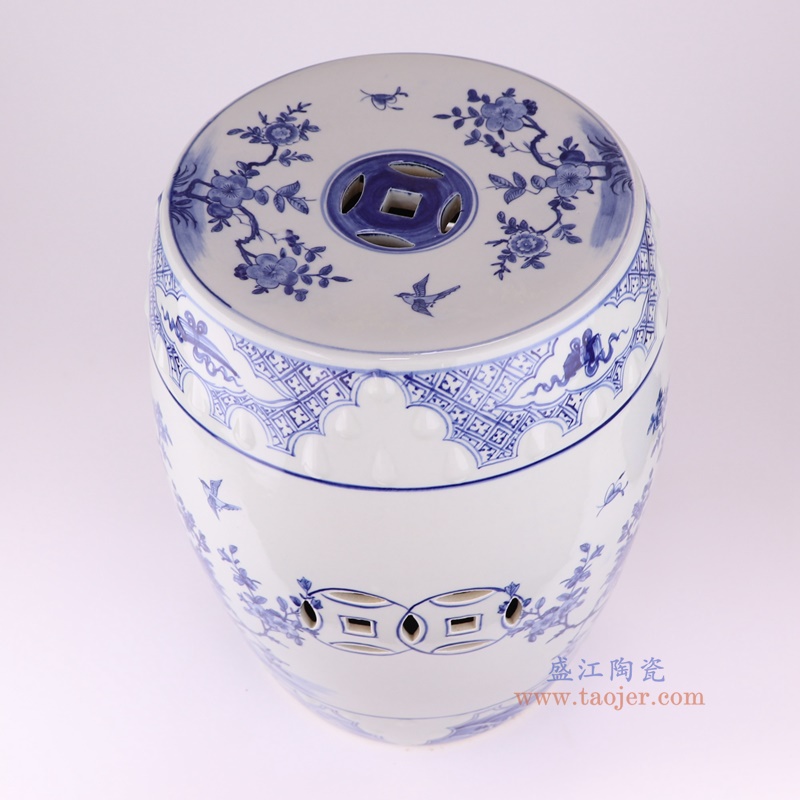 青花花鸟鼓凳凉墩,产品编号:RZKM14-A 产品尺寸(单位cm): 高47直径35.2口径底径重量9.9KG