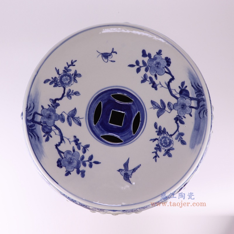 青花花鸟鼓凳凉墩,产品编号:RZKM14-A 产品尺寸(单位cm): 高47直径35.2口径底径重量9.9KG