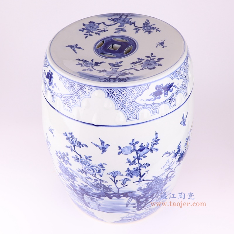 青花花鸟鼓凳凉墩,产品编号:RZKM14-A 产品尺寸(单位cm): 高47直径35.2口径底径重量9.9KG