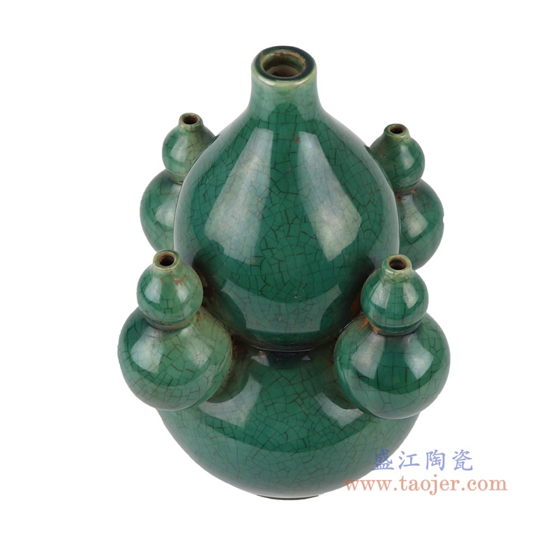 窑变开片绿釉多宝葫芦瓶,产品编号:RZKR48-B 产品尺寸(单位cm): 高22.6直径17.2口径20底径7.5重量1.1KG