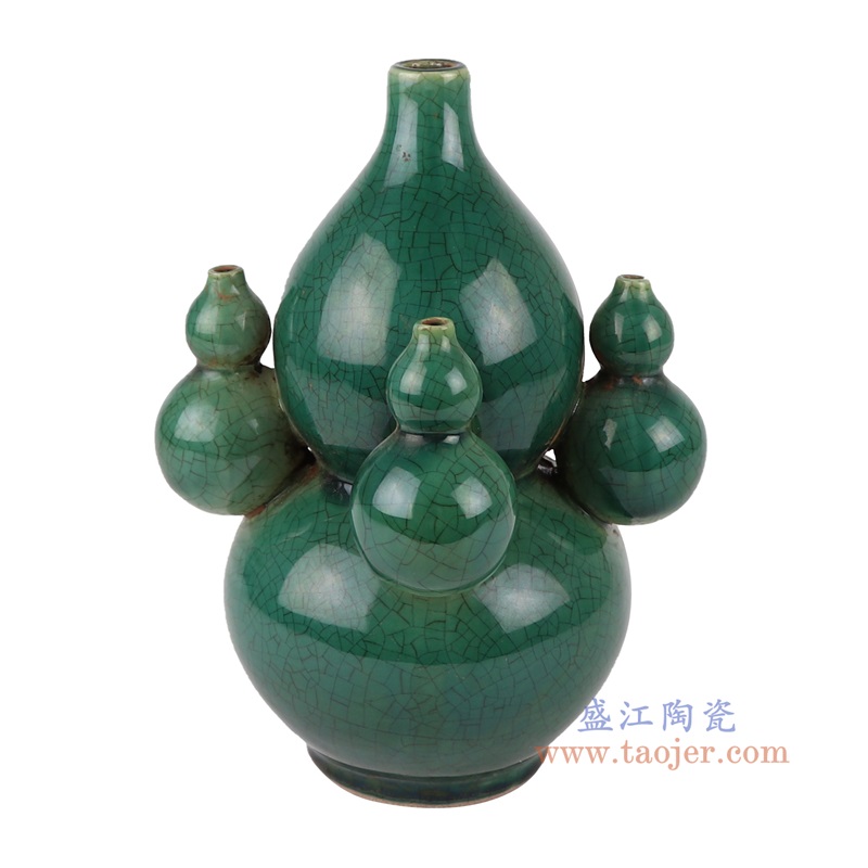窑变开片绿釉多宝葫芦瓶,产品编号:RZKR48-B 产品尺寸(单位cm): 高22.6直径17.2口径20底径7.5重量1.1KG