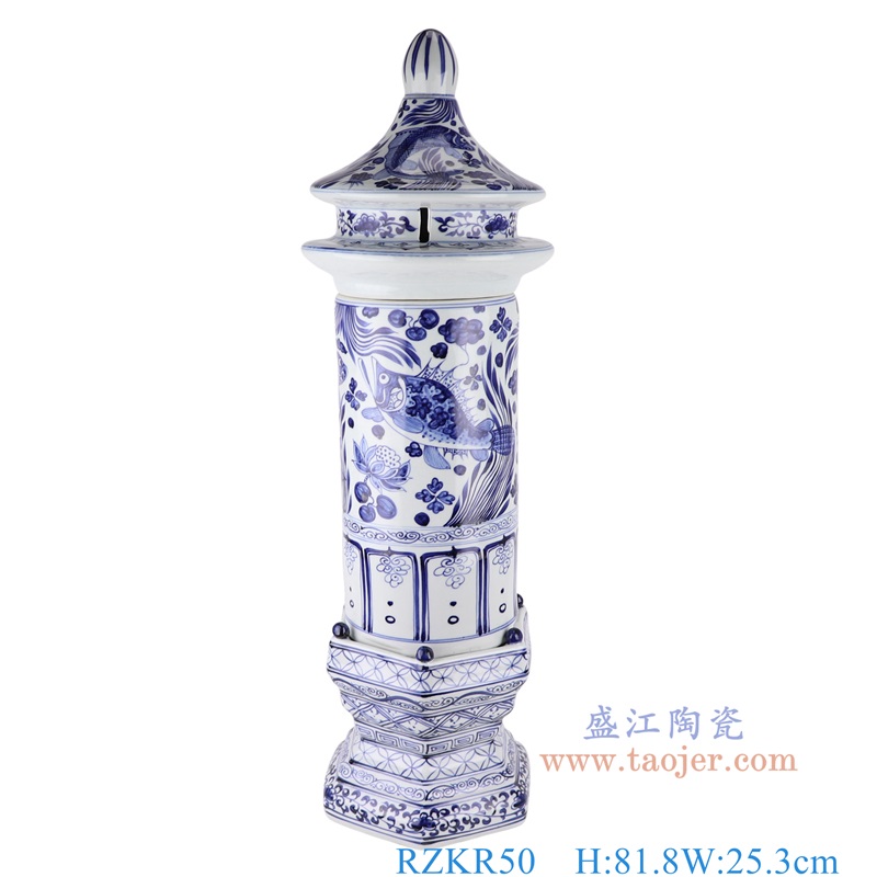 青花鱼藻纹三件套宝塔,产品编号:RZKR50 产品尺寸(单位cm): 高81.8直径25.3口径30底径重量8.25KG