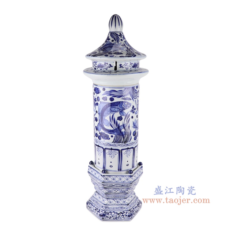 青花鱼藻纹三件套宝塔,产品编号:RZKR50 产品尺寸(单位cm): 高81.8直径25.3口径30底径重量8.25KG