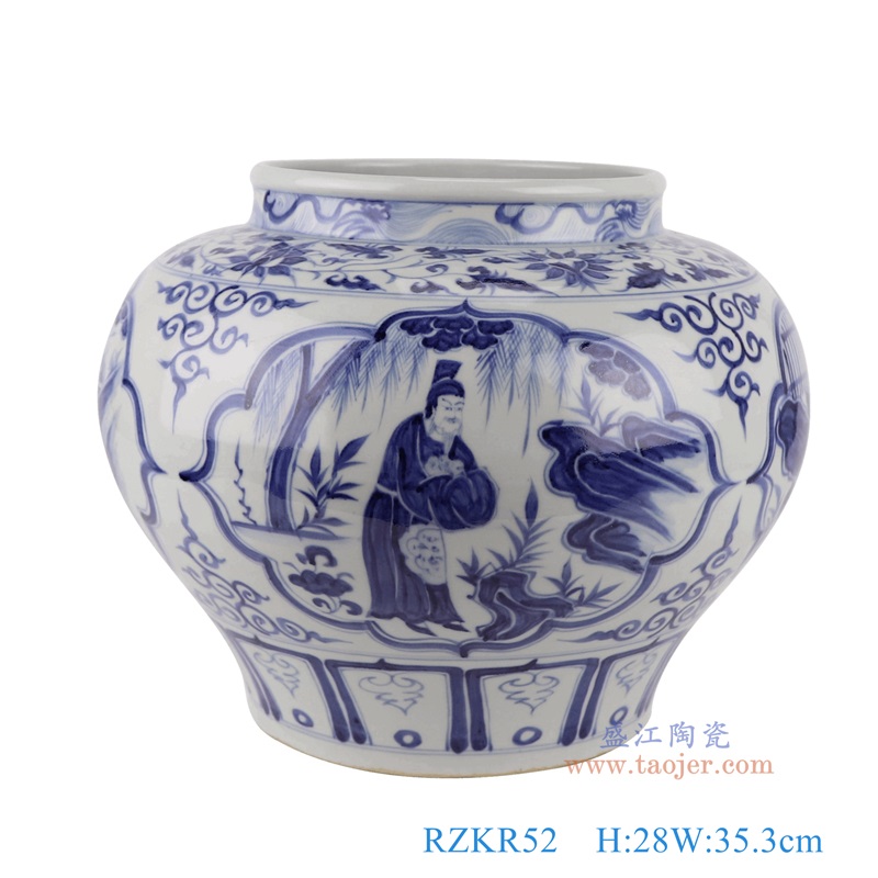 仿元青花人物大罐,产品编号:RZKR52 产品尺寸(单位cm): 高28直径35.3口径底径20重量5.8KG