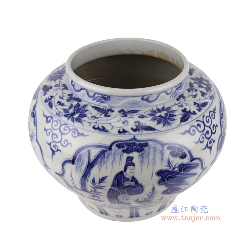 仿元青花人物大罐,产品编号:RZKR52 产品尺寸(单位cm): 高28直径35.3口径底径20重量5.8KG
