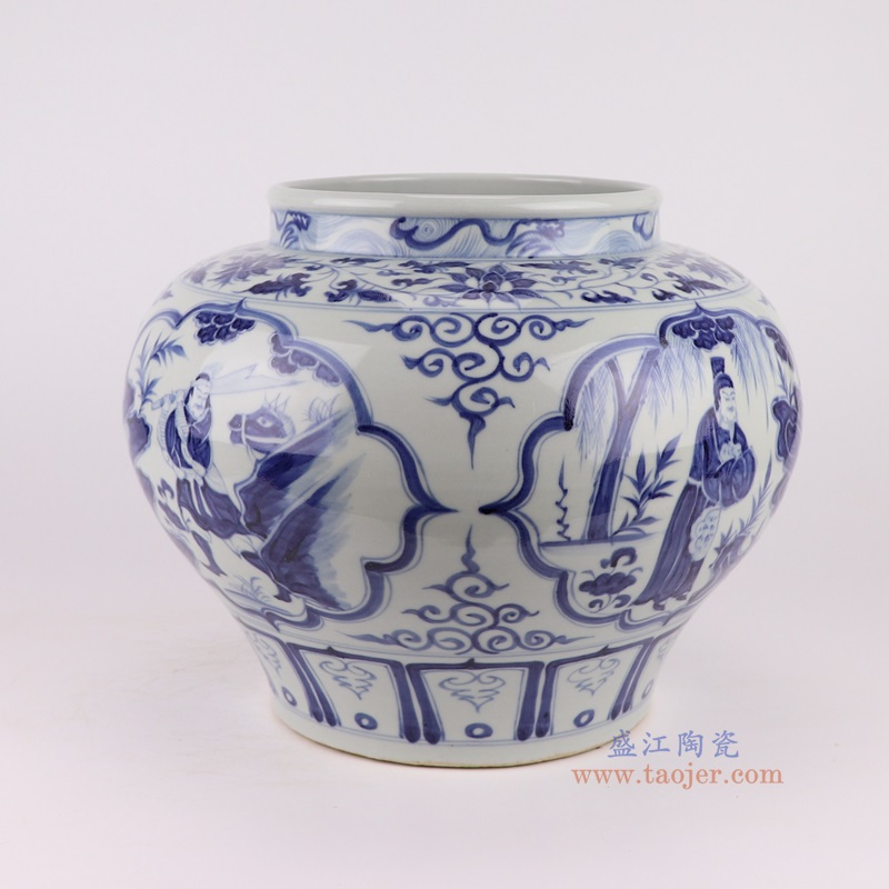 仿元青花人物大罐,产品编号:RZKR52 产品尺寸(单位cm): 高28直径35.3口径底径20重量5.8KG