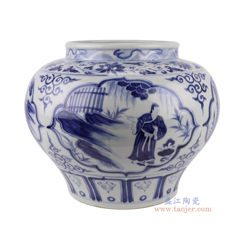 仿元青花人物大罐,产品编号:RZKR52 产品尺寸(单位cm): 高28直径35.3口径底径20重量5.8KG