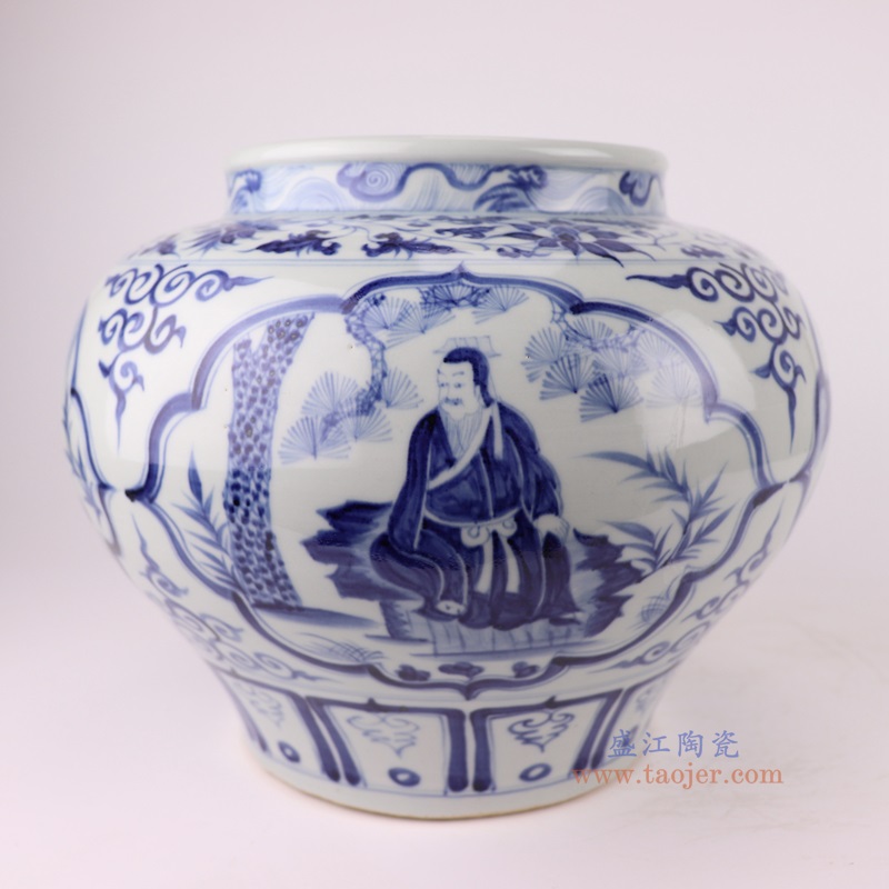 仿元青花人物大罐,产品编号:RZKR52 产品尺寸(单位cm): 高28直径35.3口径底径20重量5.8KG