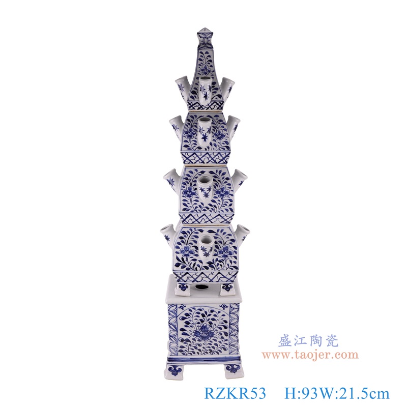 青花缠枝莲五层宝塔，产品编号：RZKR53       产品尺寸(单位cm):  高93直径21.5口径底径重量9.85KG