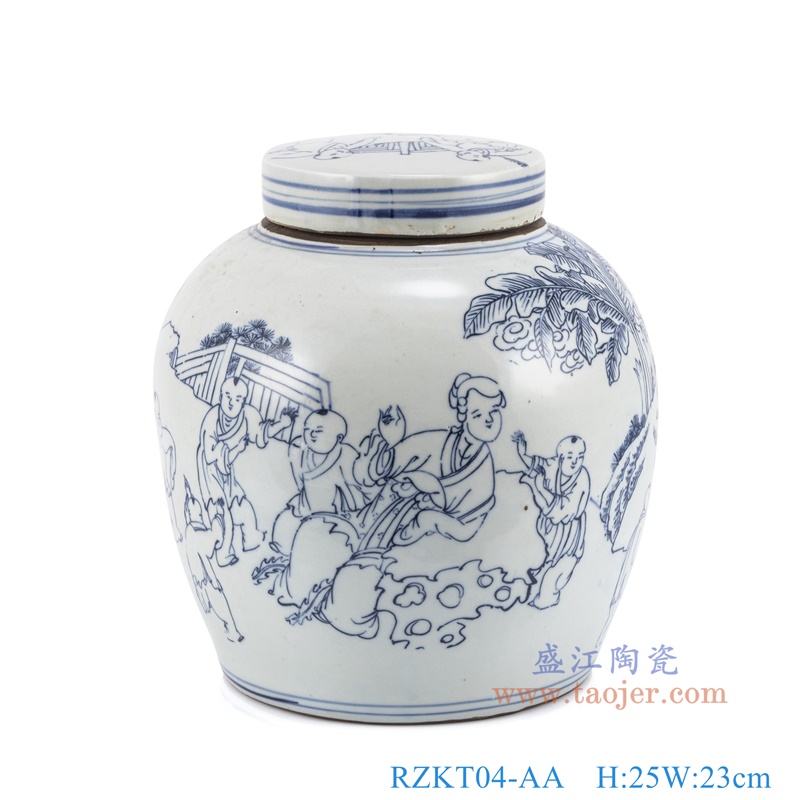 青花人物仕女婴戏童子坛罐茶叶罐,产品编号:RZKT04-AA 产品尺寸(单位cm): 高25直径23口径底径17重量2.7KG