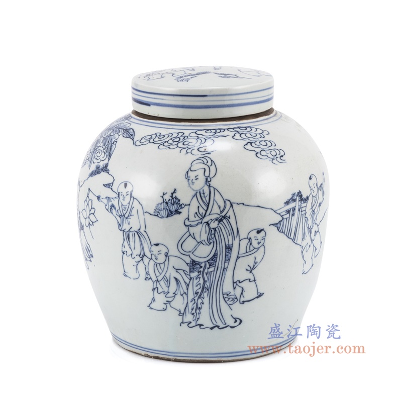 青花人物仕女婴戏童子坛罐茶叶罐,产品编号:RZKT04-AA 产品尺寸(单位cm): 高25直径23口径底径17重量2.7KG