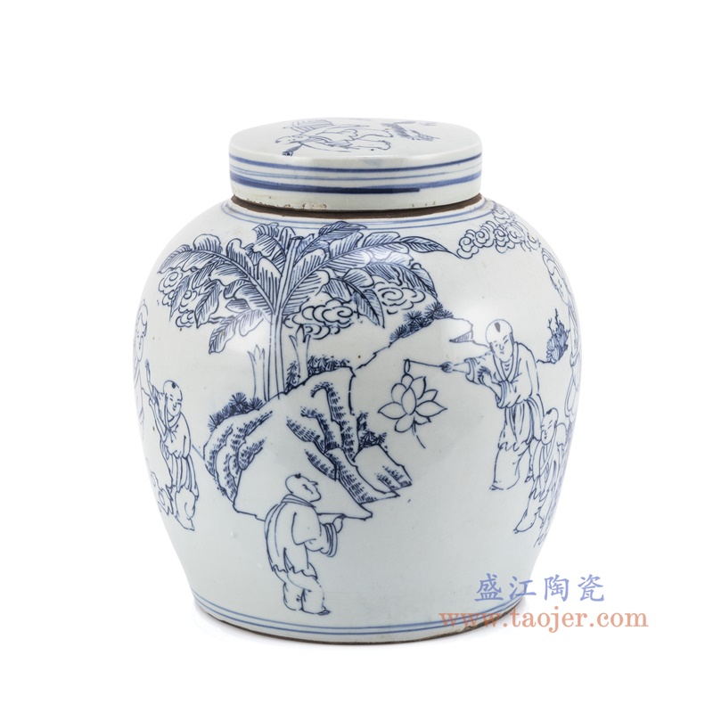 青花人物仕女婴戏童子坛罐茶叶罐,产品编号:RZKT04-AA 产品尺寸(单位cm): 高25直径23口径底径17重量2.7KG