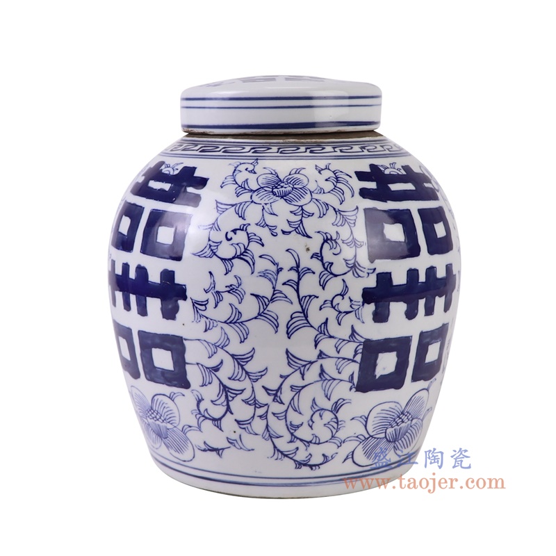 青花缠枝喜字坛罐茶叶罐,产品编号:RZKT04-Z 产品尺寸(单位cm): 高24.8直径23.3口径底径17.2重量2.8KG