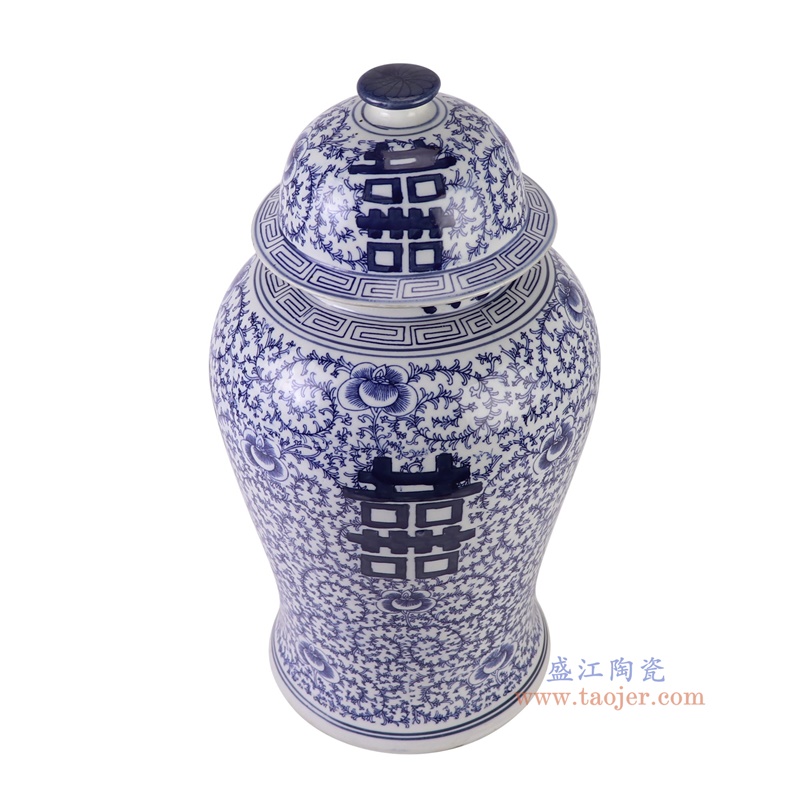 青花喜字纹将军罐,产品编号:RZKT43 产品尺寸(单位cm): 高46.8直径24.7口径底径19.8重量4.7KG