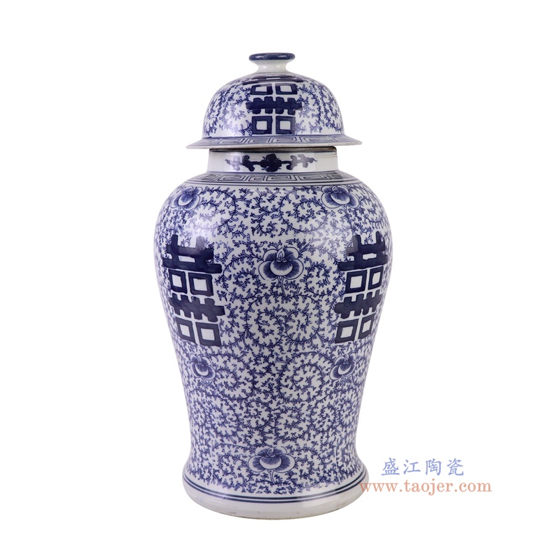 青花喜字纹将军罐,产品编号:RZKT43 产品尺寸(单位cm): 高46.8直径24.7口径底径19.8重量4.7KG