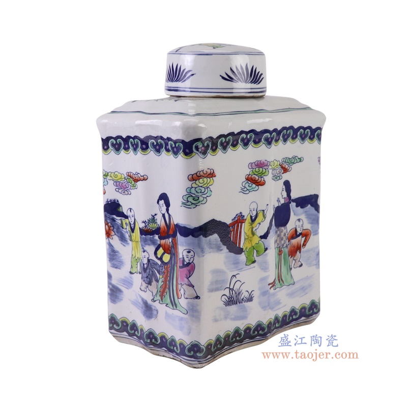 青花斗彩长方形人物罐,产品编号:RZKT44 产品尺寸(单位cm): 高38直径25口径底径23重量5.4KG