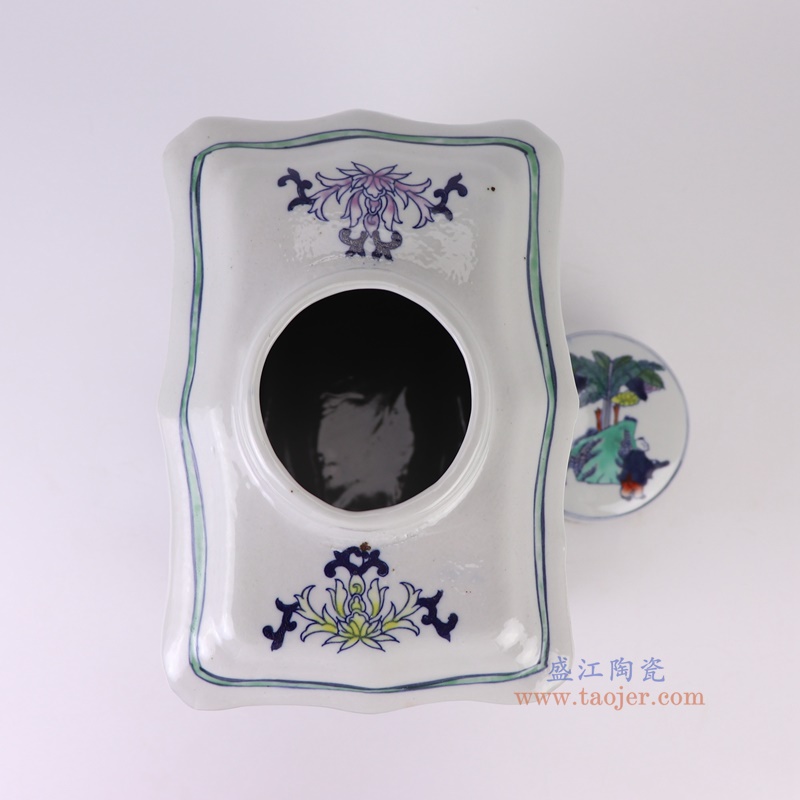 青花斗彩长方形人物罐,产品编号:RZKT44 产品尺寸(单位cm): 高38直径25口径底径23重量5.4KG