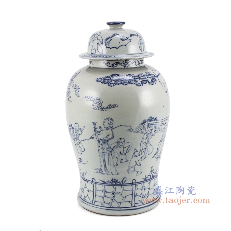 青花人物仕女婴戏童子将军罐,产品编号:RZKT45 产品尺寸(单位cm): 高46.8直径24.7口径底径19.8重量4..7KG