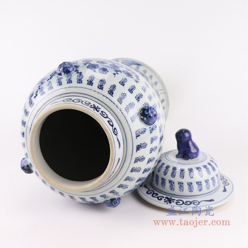 青花梅花寿字纹狮子头将军罐;产品编号:RZOT03-I 产品尺寸(单位cm): 高:50直径:25.8口径:14底径:25.8重量:5.1KG