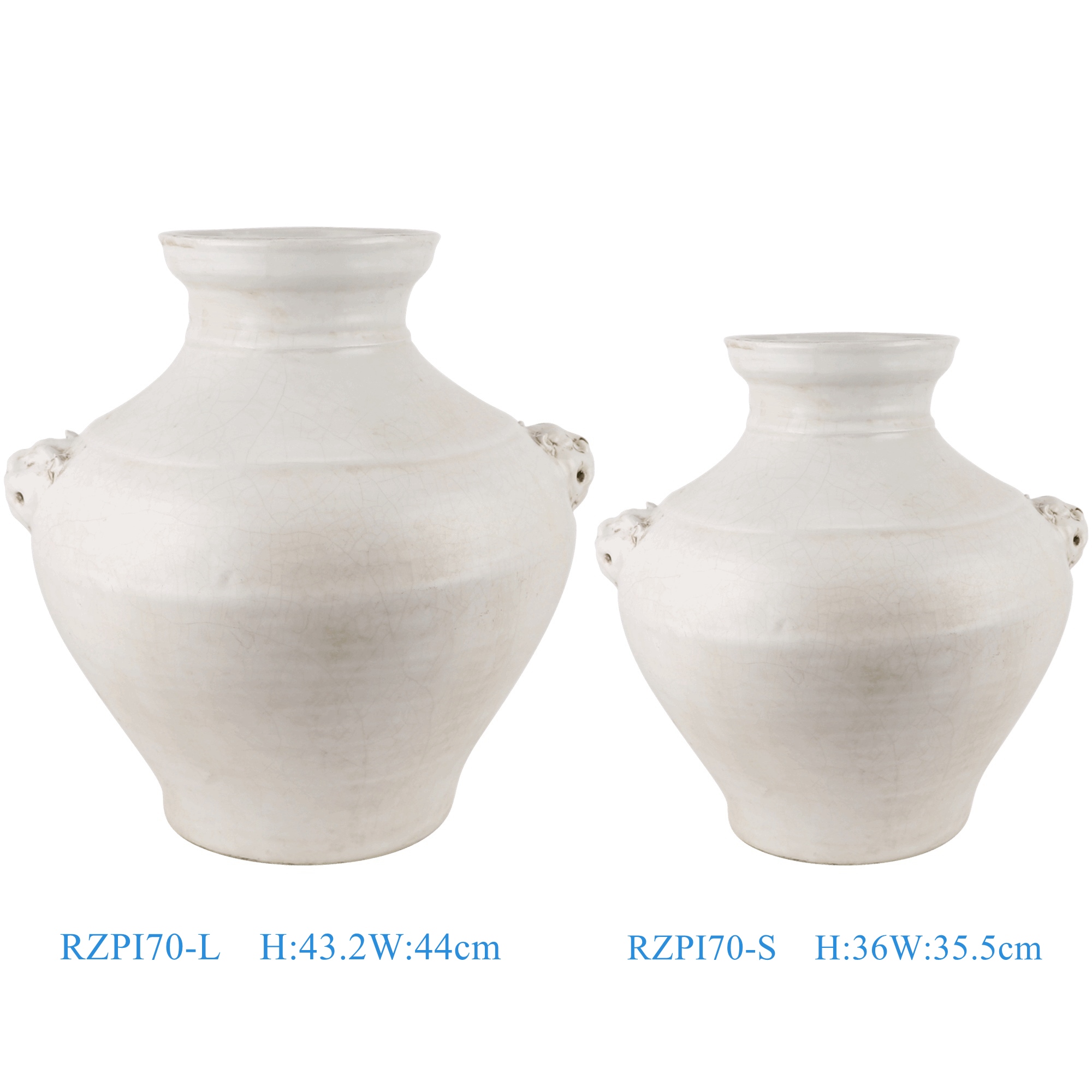 白色狮子头耳大罐大小号,产品编号:RZPI70-L-S 产品尺寸(单位cm): 高直径口径底径重量KG