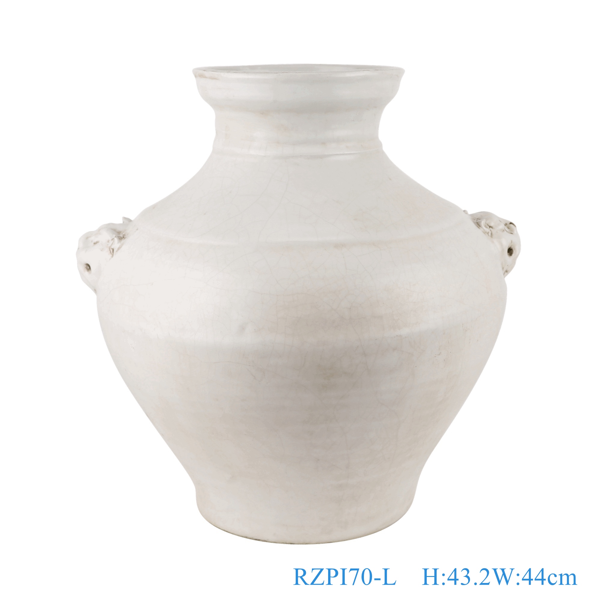 白色狮子头耳大罐大号，产品编号：RZPI70-L       产品尺寸(单位cm):  高43.2直径44口径底径21.3重量11KG