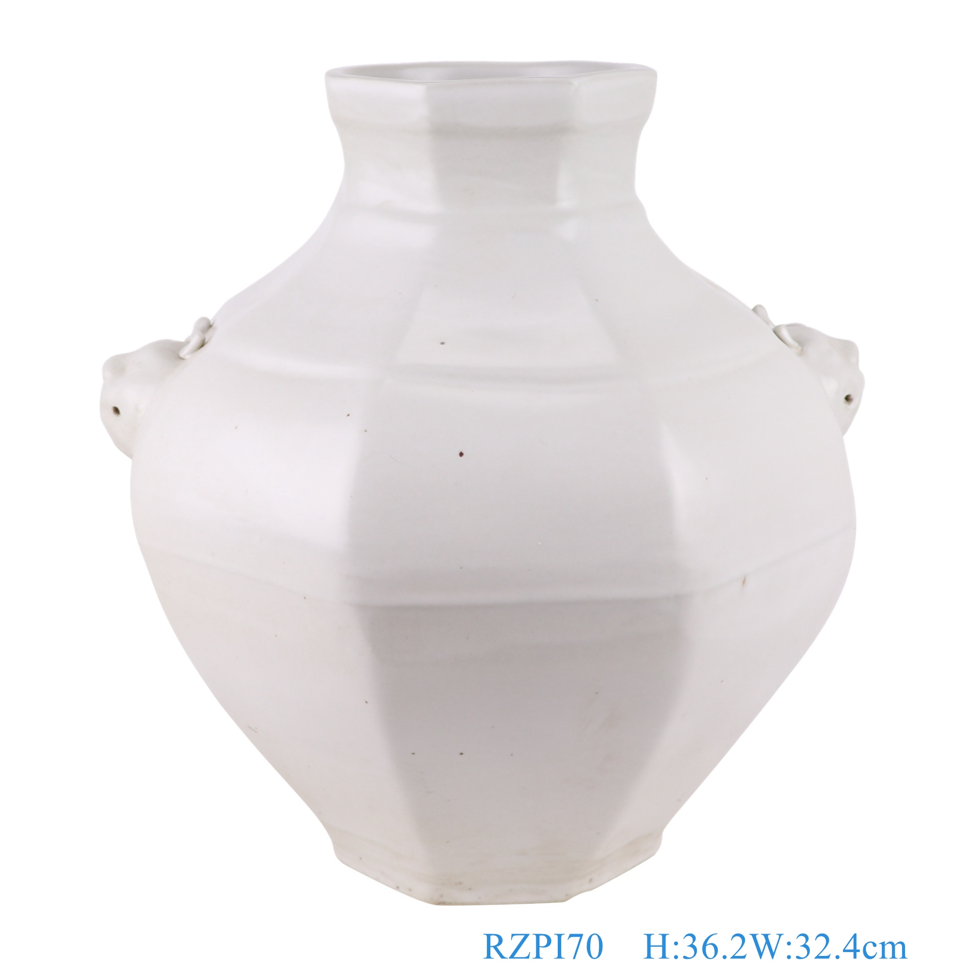 白色狮子头耳大罐小号,产品编号:RZPI70-S 产品尺寸(单位cm): 高36直径35.5口径底径18重量6.25KG
