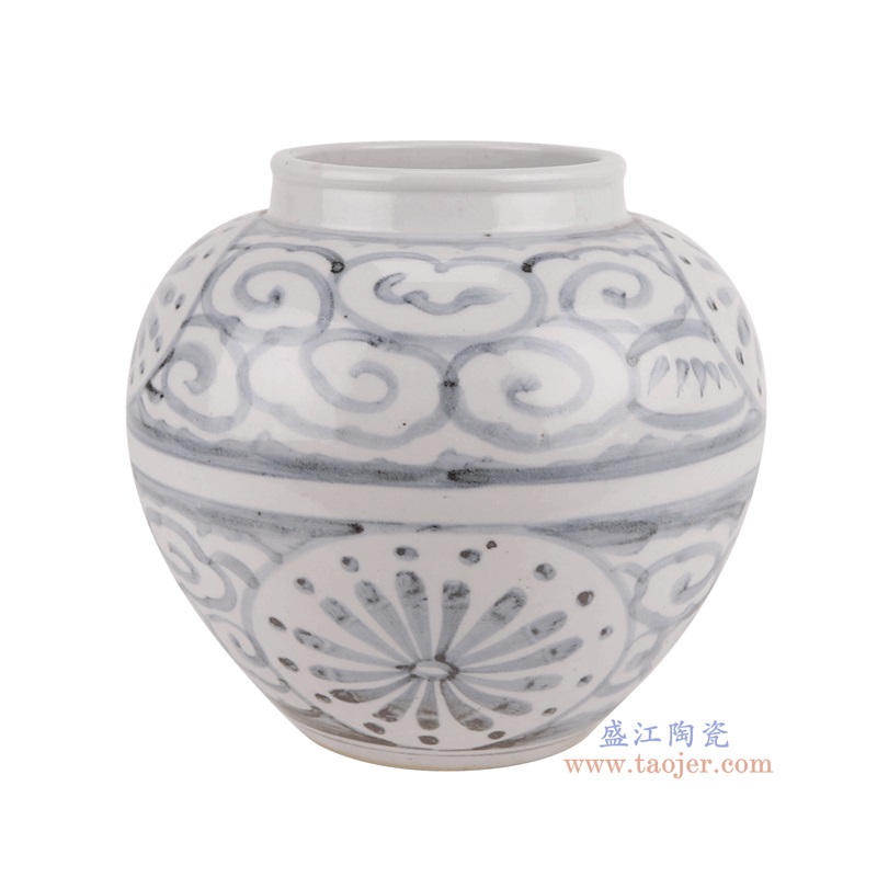 青花写意太阳花圆罐子,产品编号:RZPI77 产品尺寸(单位cm): 高24直径26口径底径12.3重量3.35KG