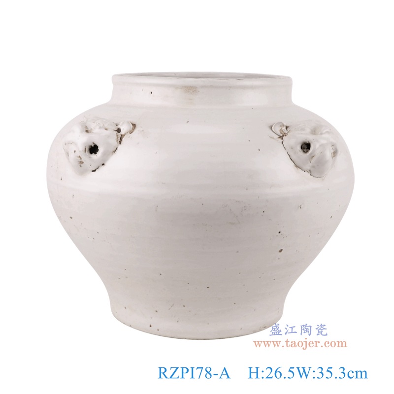 白色狮子头耳大罐,产品编号:RZPI78-A 产品尺寸(单位cm): 高26.5直径35.3口径底径19.2重量5.7KG