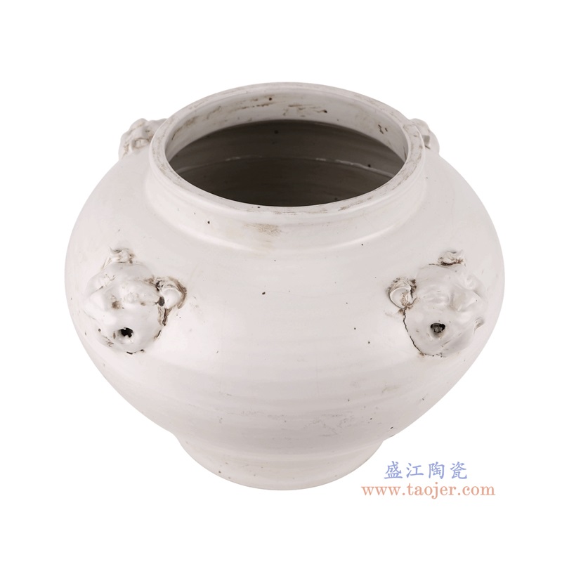 白色狮子头耳大罐,产品编号:RZPI78-A 产品尺寸(单位cm): 高26.5直径35.3口径底径19.2重量5.7KG