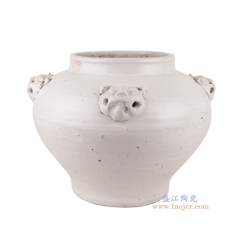 白色狮子头耳大罐,产品编号:RZPI78-A 产品尺寸(单位cm): 高26.5直径35.3口径底径19.2重量5.7KG