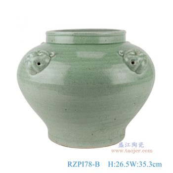 RZPI78-B   青釉绿色狮子头耳大罐， 高26.5直径35.3口径底径19.2重量5.7KG