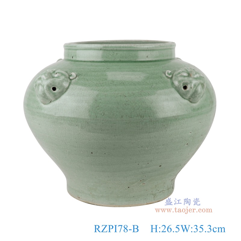 青釉绿色狮子头耳大罐，产品编号：RZPI78-B       产品尺寸(单位cm):  高26.5直径35.3口径底径19.2重量5.7KG