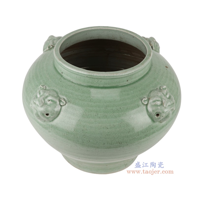 青釉绿色狮子头耳大罐,产品编号:RZPI78-B 产品尺寸(单位cm): 高26.5直径35.3口径底径19.2重量5.7KG