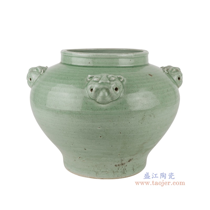 青釉绿色狮子头耳大罐,产品编号:RZPI78-B 产品尺寸(单位cm): 高26.5直径35.3口径底径19.2重量5.7KG