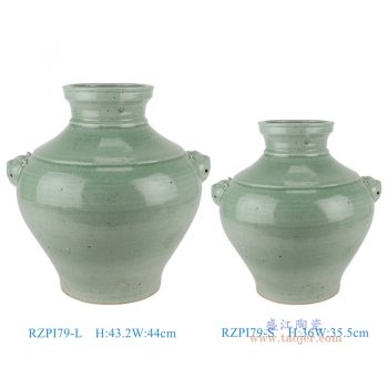 RZPI79-L-S  青釉绿色狮子头耳大罐大小号组合，