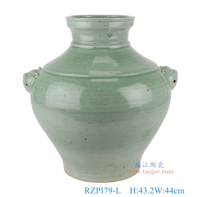 青釉绿色狮子头耳大罐大号，产品编号：RZPI79-L       产品尺寸(单位cm):  高43.2直径44口径底径21.3重量11KG