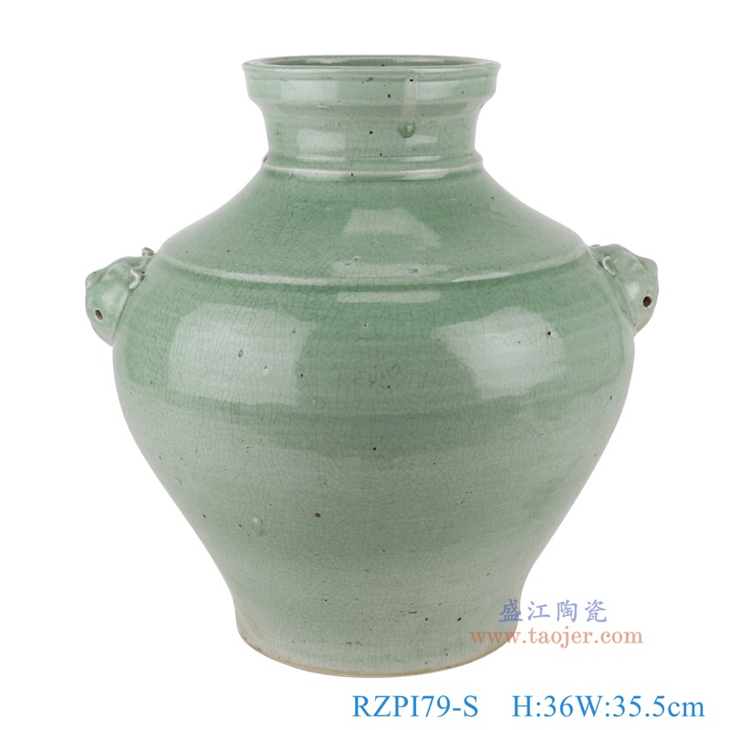 青釉绿色狮子头耳大罐小号，产品编号：RZPI79-S       产品尺寸(单位cm):  高36直径35.5口径底径18重量6.25KG